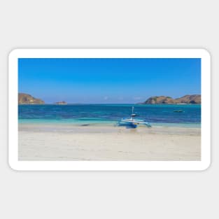 A paradise lagoon beach with a blue longtail boat Sticker